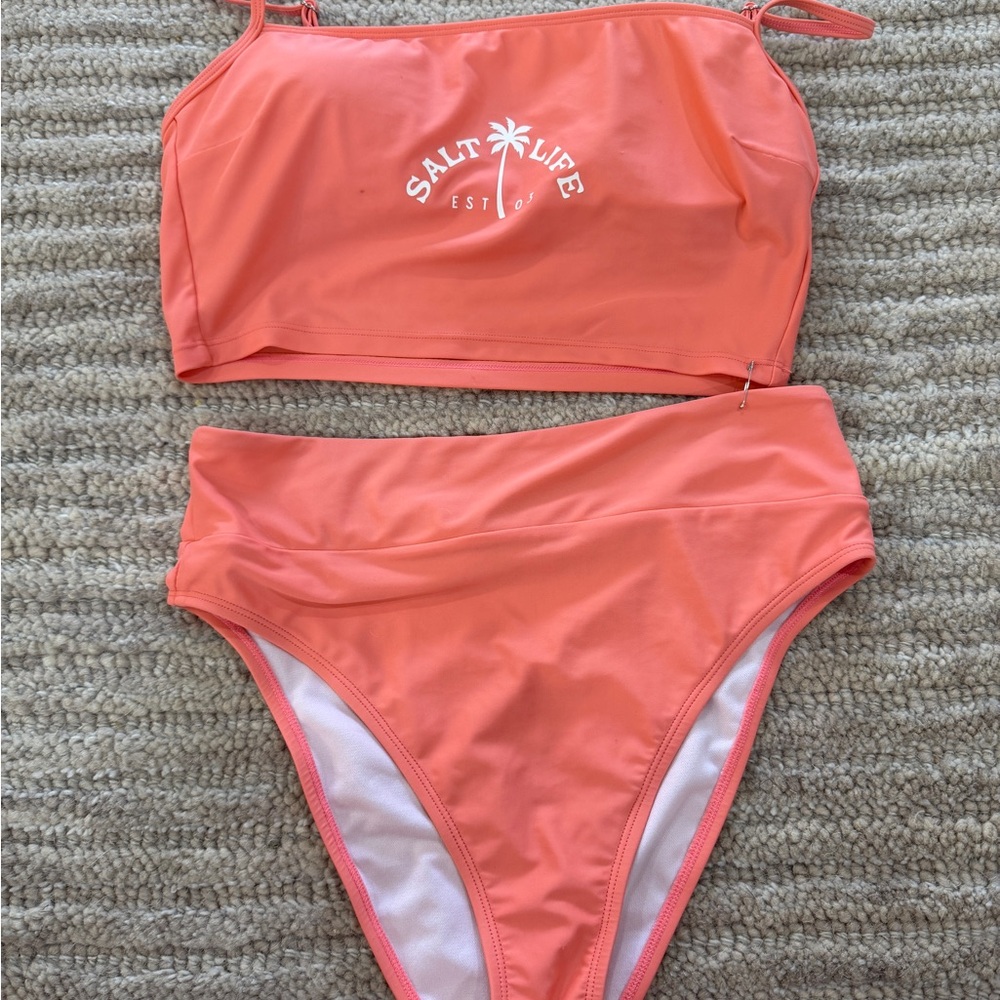 Salt Life Coral Pink High‑Waist Two-Piece Swim Set